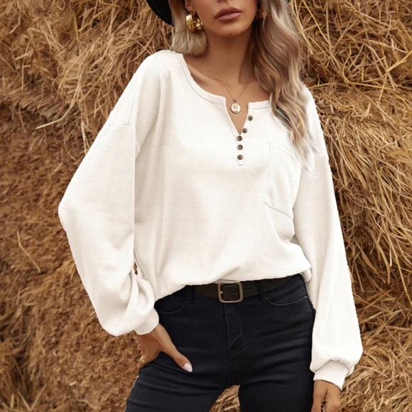 Tops - Waffle knit half placket button down henley long sleeve tee shirt boho white